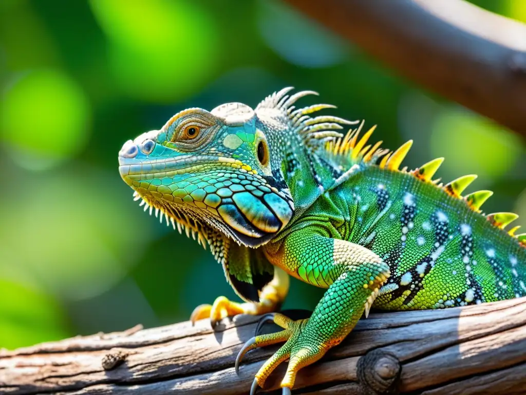 Una impresionante iguana verde descansa en una rama, disfrutando del cálido sol