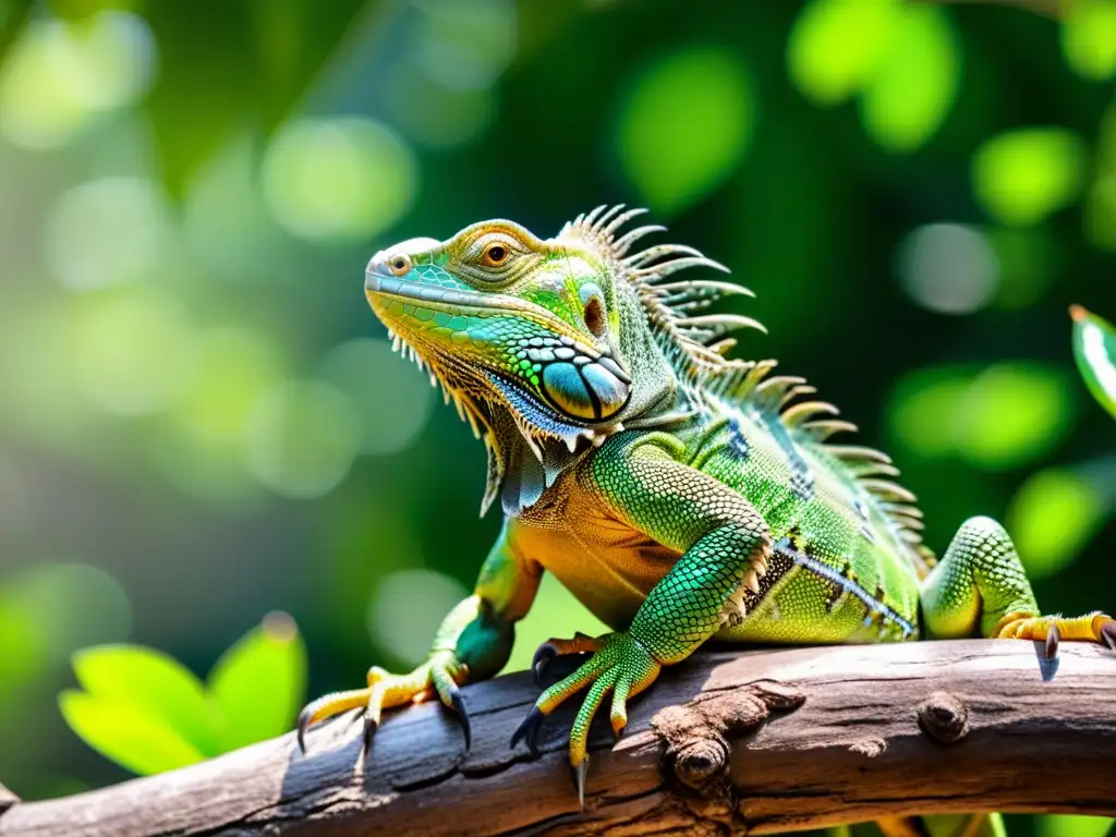 Una impresionante iguana verde descansando en una rama, con sus escamas detalladas a la luz del sol