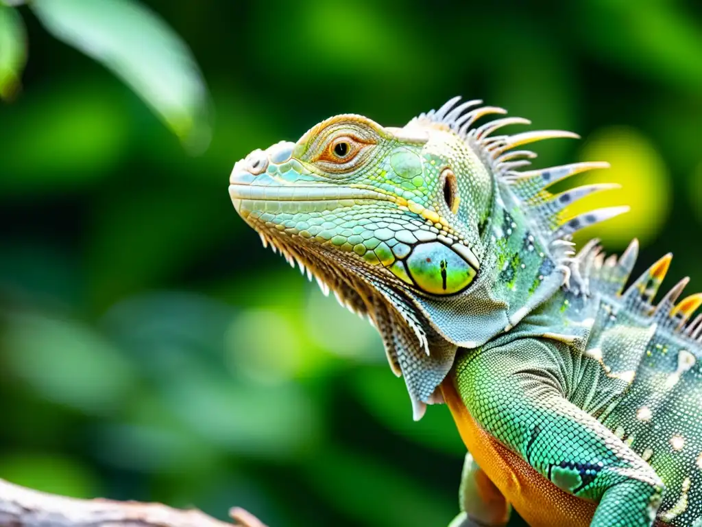 Una impresionante iguana verde descansa en una rama, con sus escamas brillando bajo el sol