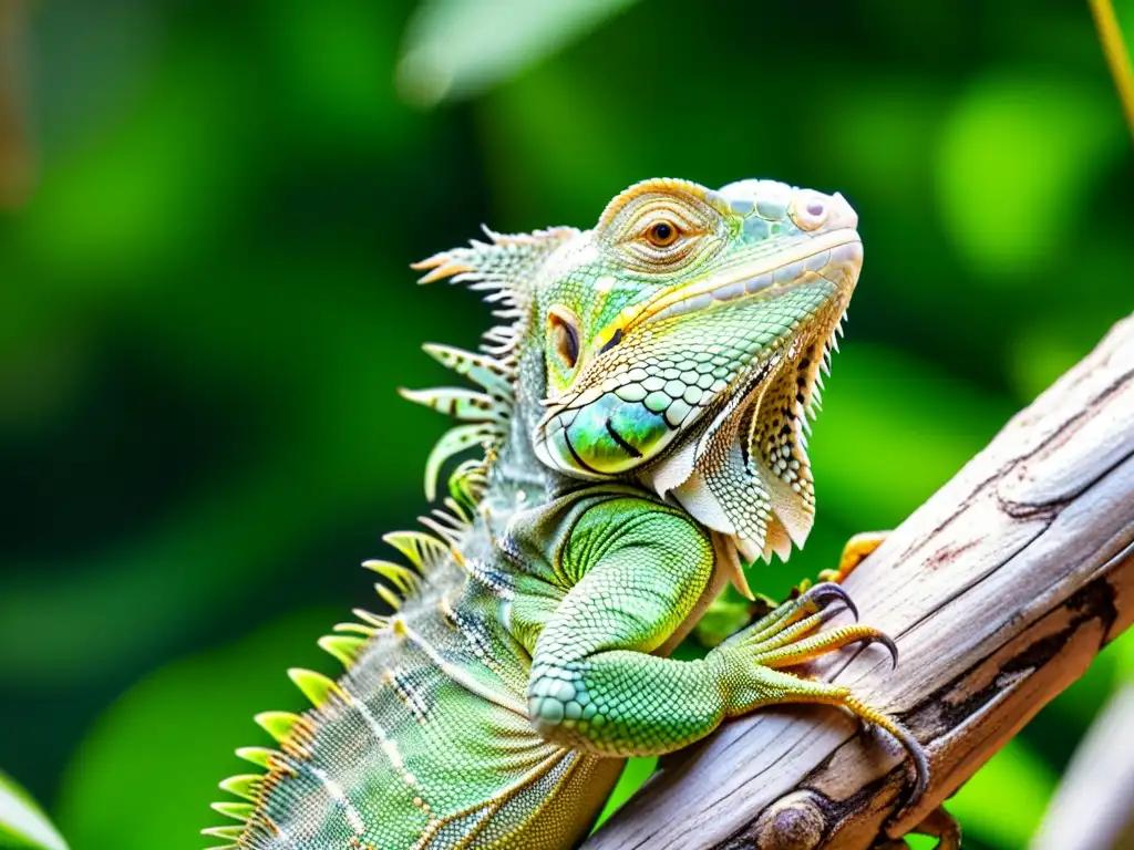 Una impresionante iguana verde descansando en una rama, su piel detallada y ojos vivaces