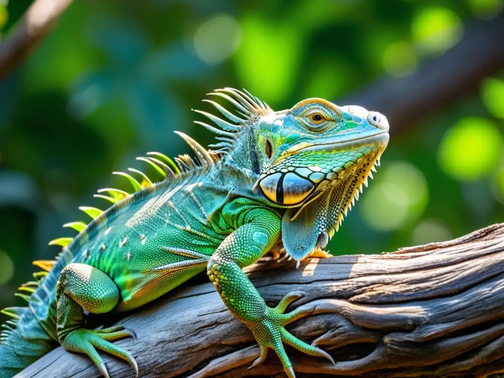 Una impresionante iguana verde se estira en una rama áspera, realizando ejercicios para prevenir atrofia en reptiles