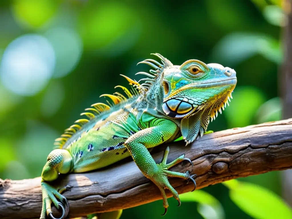 Una impresionante iguana verde descansa en una rama bajo el cálido sol