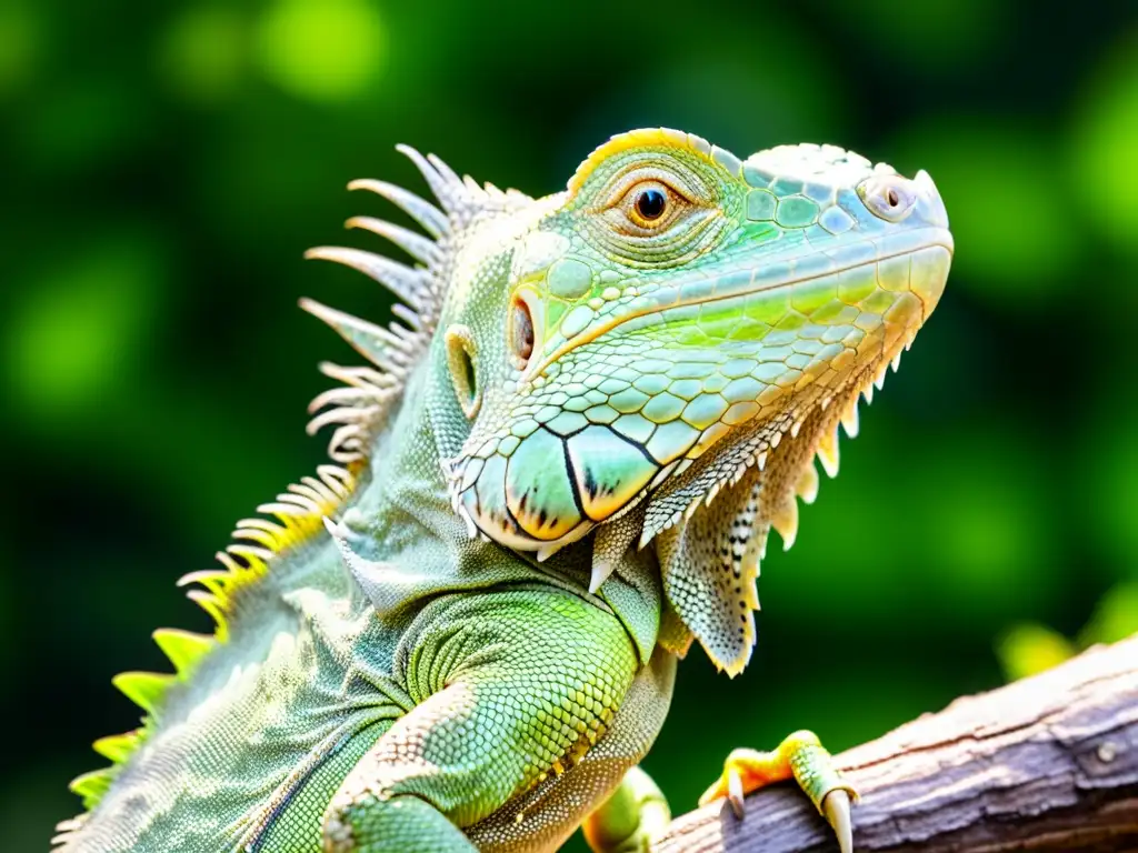 Una impresionante iguana verde descansa en una rama, con escamas detalladas y ojos alertas