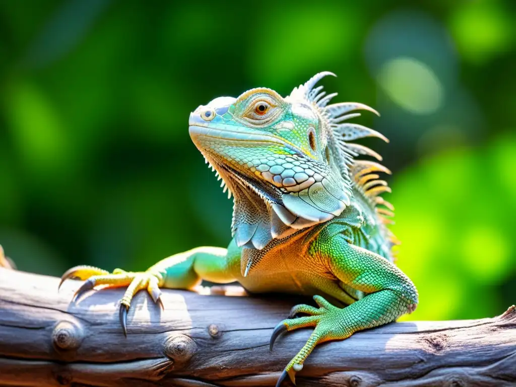 Una impresionante iguana verde descansa en una rama, con sus escamas y textura en primer plano, bañada por la cálida luz del sol