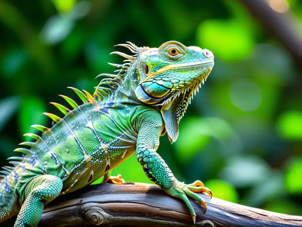 Un impresionante iguana verde reposa en una rama en la exuberante selva, capturando la ética del fotógrafo de naturaleza reptil en su hábitat natural