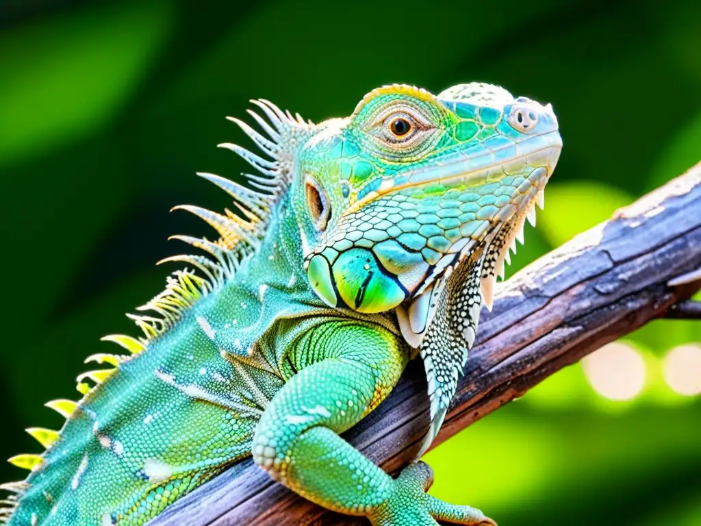 Una impresionante iguana verde en la rama, con texturas visibles, ojos penetrantes y el brillo de la lluvia en su piel