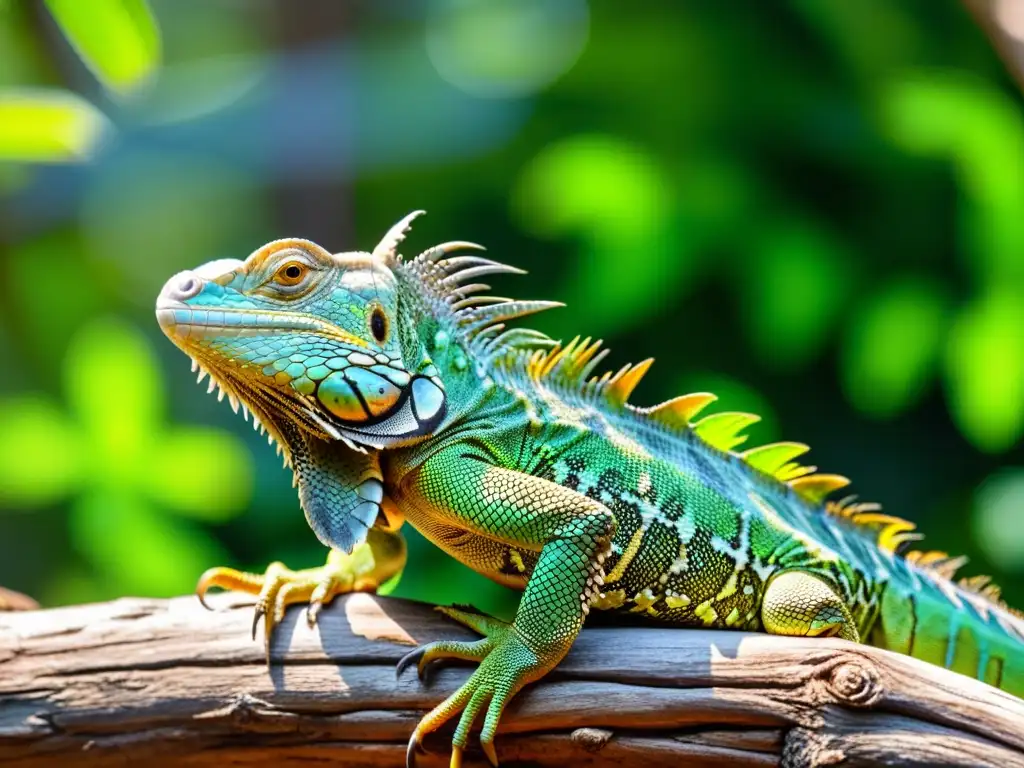 Una impresionante iguana verde descansa sobre una rama en la selva tropical