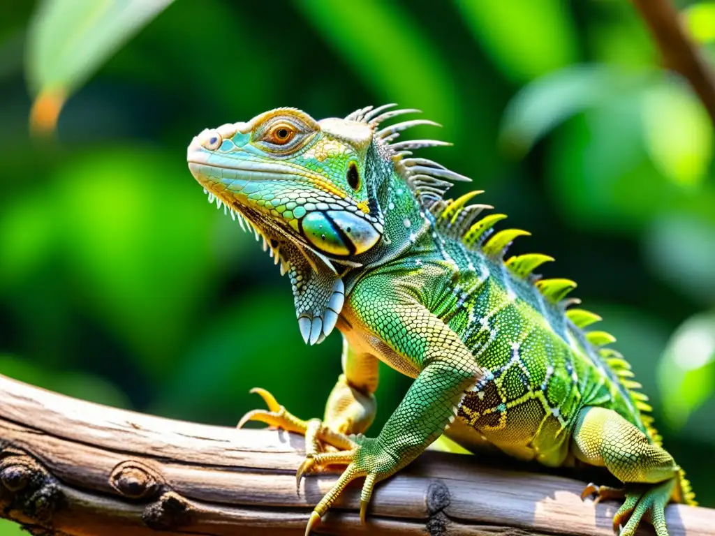 Una impresionante iguana verde en una rama, con escamas y ojos detallados, en un exuberante bosque tropical