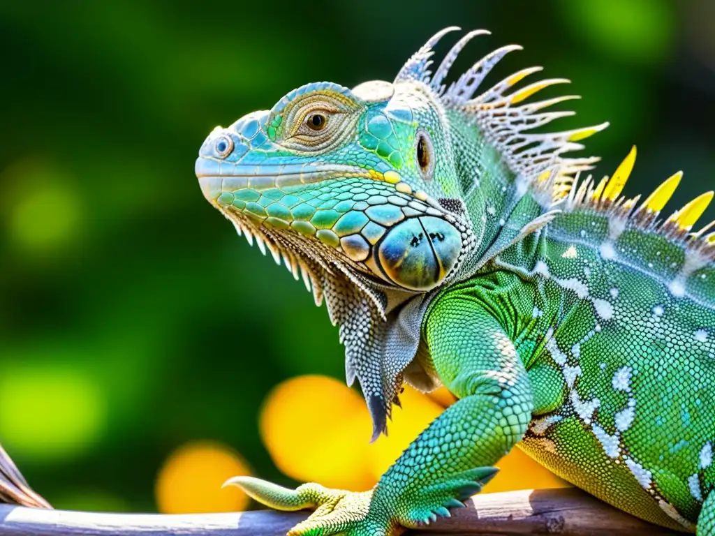 Una impresionante iguana verde descansando en una rama bajo el cálido sol, destacando la belleza natural de su piel