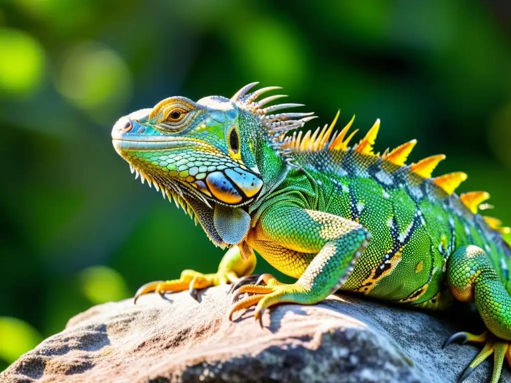 Una impresionante iguana verde descansa sobre una roca cubierta de musgo bajo el cálido sol