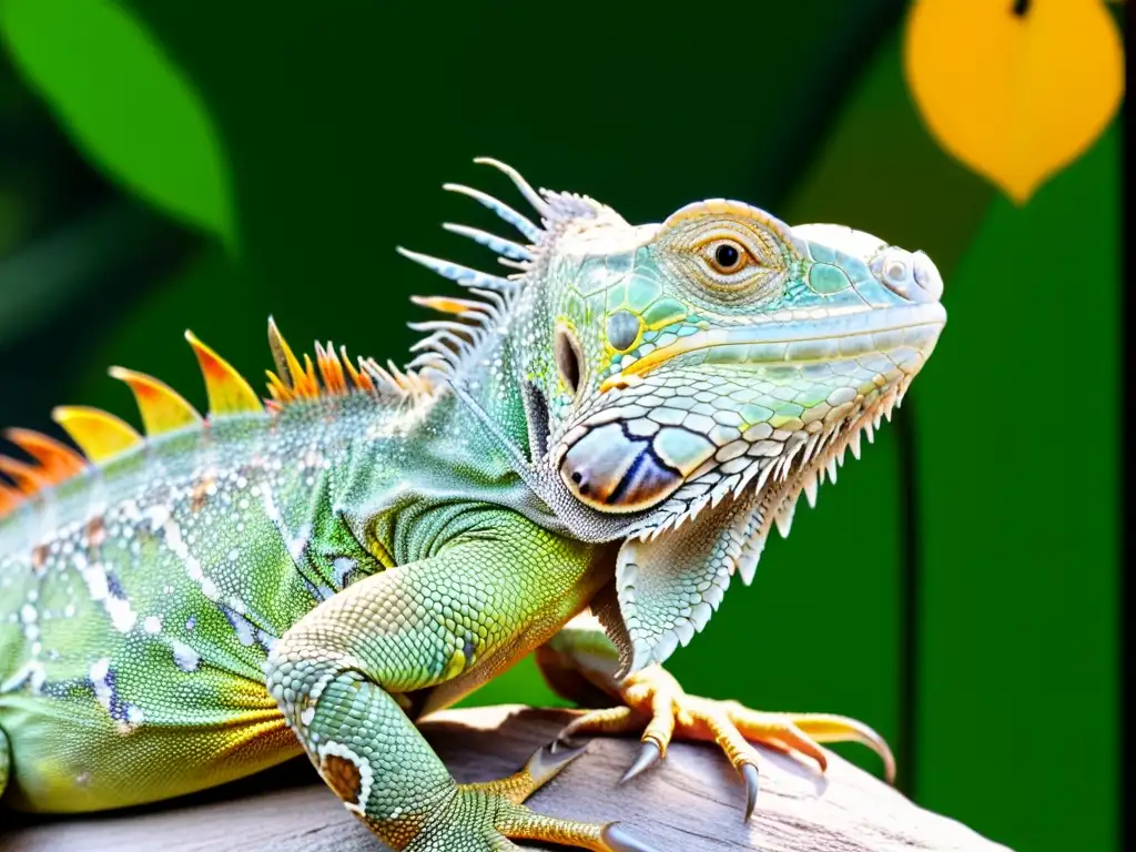 Una impresionante iguana verde toma el sol, sus escamas y patrones perfectamente definidos