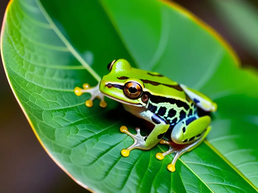 Una impresionante imagen de un ágil anfibio en una hoja, con sus ojos expresivos reflejando el entorno