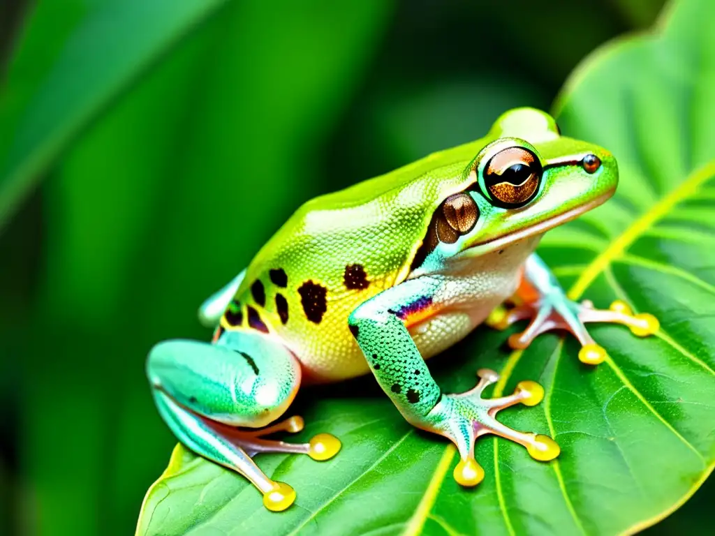 Una impresionante imagen en alta definición de una rana arbórea verde vibrante aferrándose a una hoja en una exuberante selva tropical