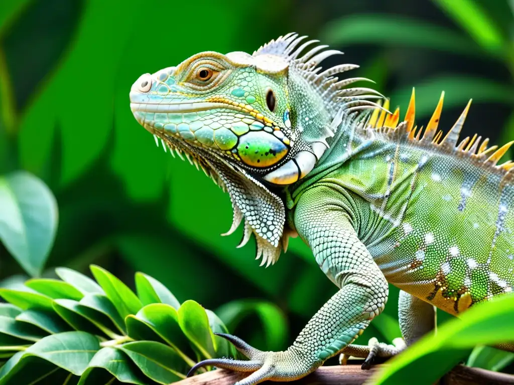 Una impresionante imagen en alta resolución de una iguana verde consumiendo vegetación, destacando la importancia de fibra en reptiles herbívoros