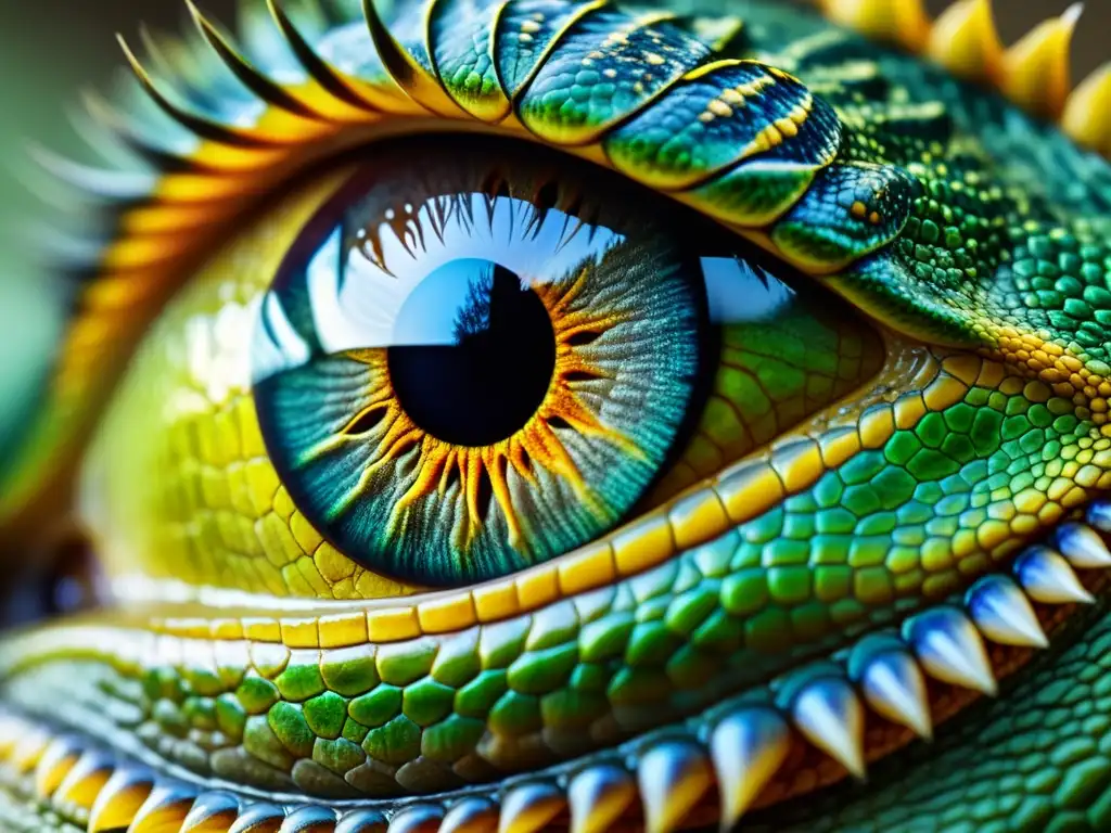 Una impresionante imagen en alta resolución de un ojo de reptil, destacando la estructura detallada de los párpados, las escamas y el iris