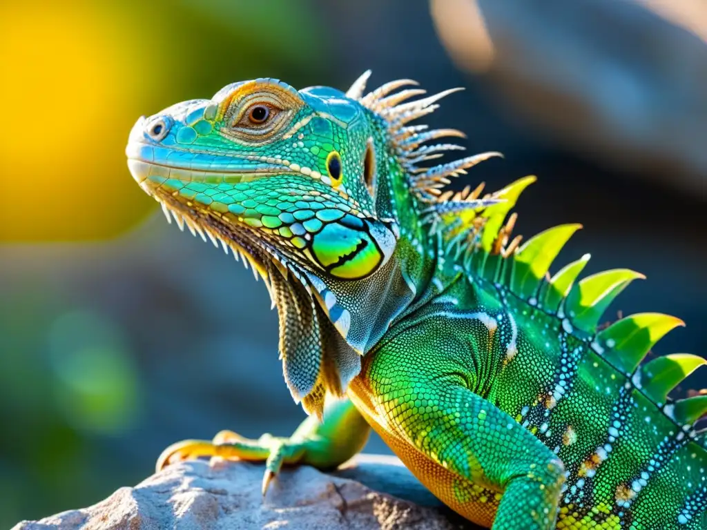 Una impresionante imagen en alta resolución de una vibrante iguana verde tomando el sol en un afloramiento rocoso, mostrando sus detalladas escamas