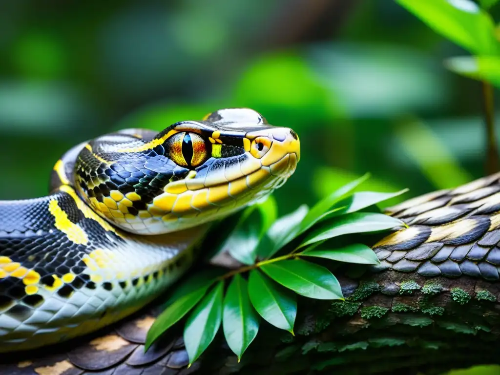 Una impresionante imagen detallada de una pitón birmana en su hábitat natural, explorando sensorialmente