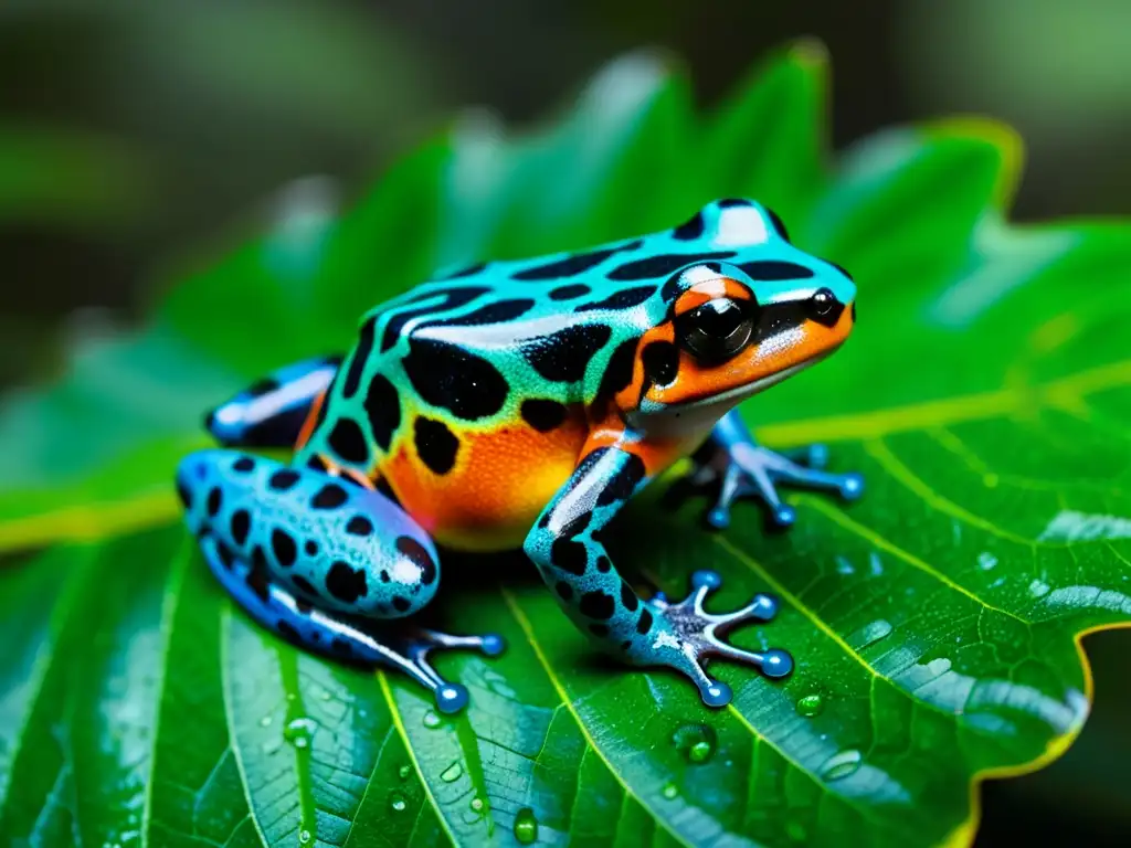 Una impresionante imagen detallada de una colorida rana venenosa en una hoja verde vibrante en el corazón de la selva