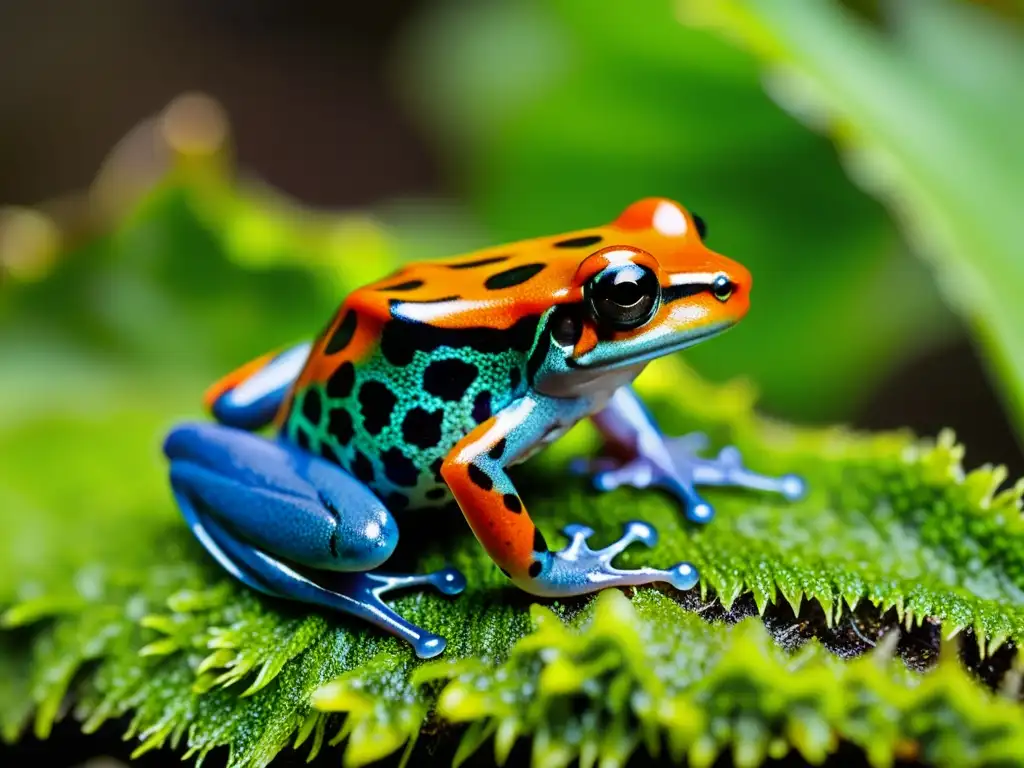 Una impresionante imagen detallada de una exótica rana dardo en un lecho de musgo verde exuberante