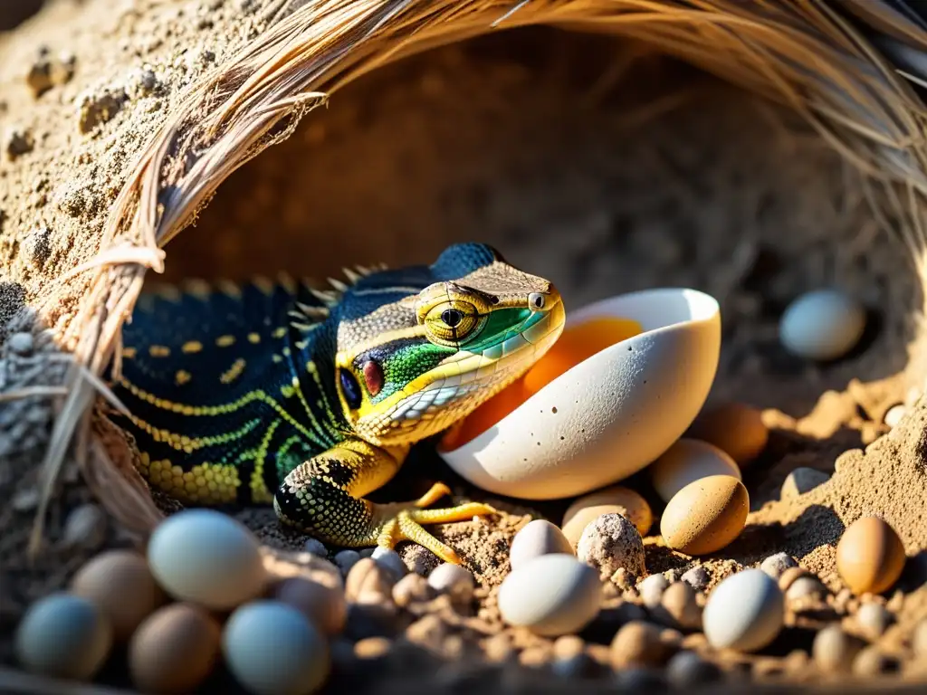 Una impresionante imagen detallada de una hembra reptil poniendo huevos en su nido, destacando estrategias reproductivas en reptiles