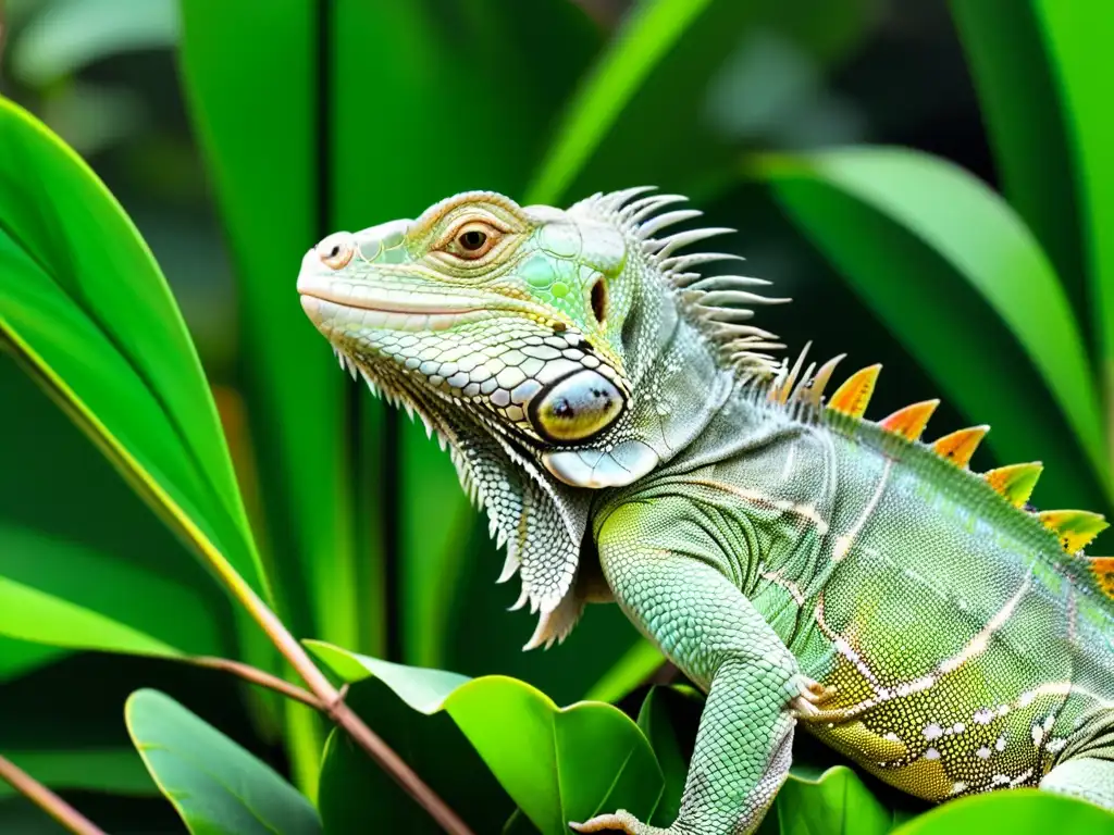 Una impresionante imagen detallada de una iguana verde disfrutando de un festín de hojas