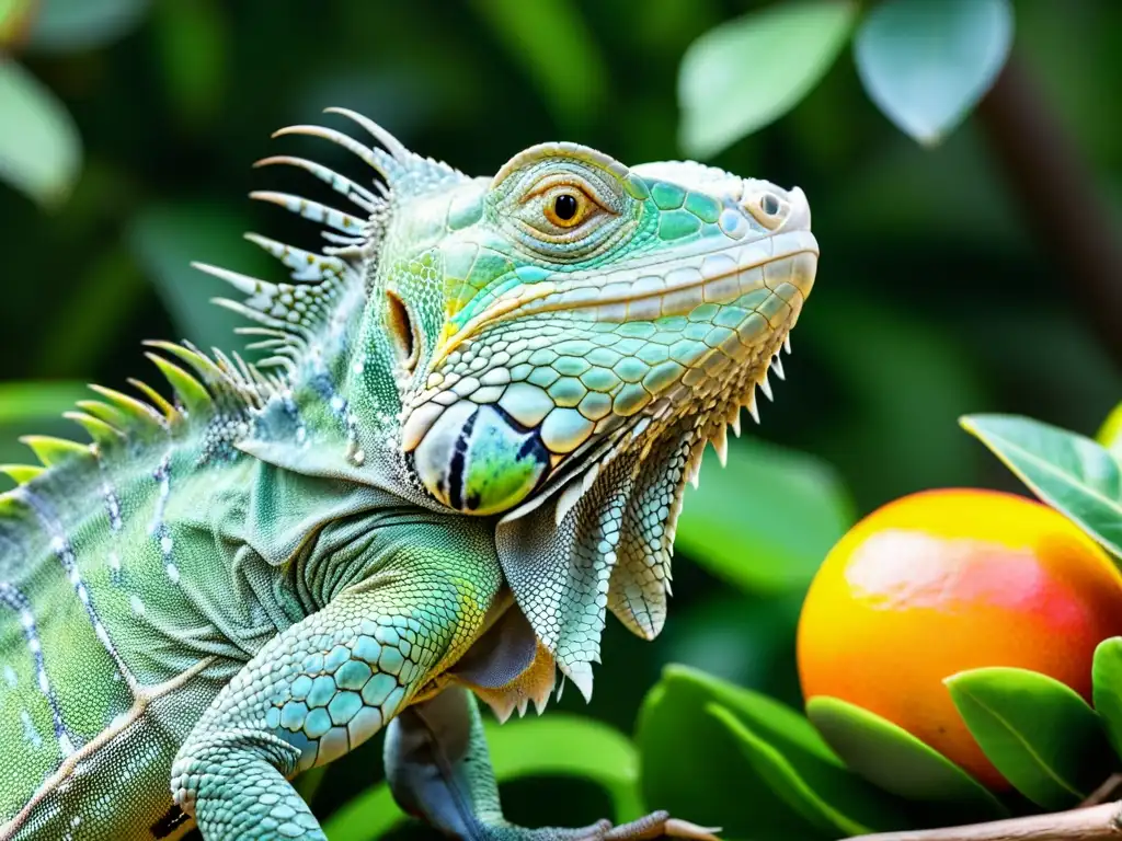 Una impresionante imagen detallada de una iguana verde comiendo frutas y verduras, mostrando una dieta balanceada para reptiles omnívoros