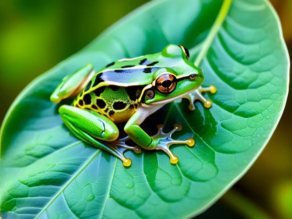 Una impresionante imagen detallada de una rana arbórea verde en su entorno natural, destacando la resonancia magnética y tomografía anfibios