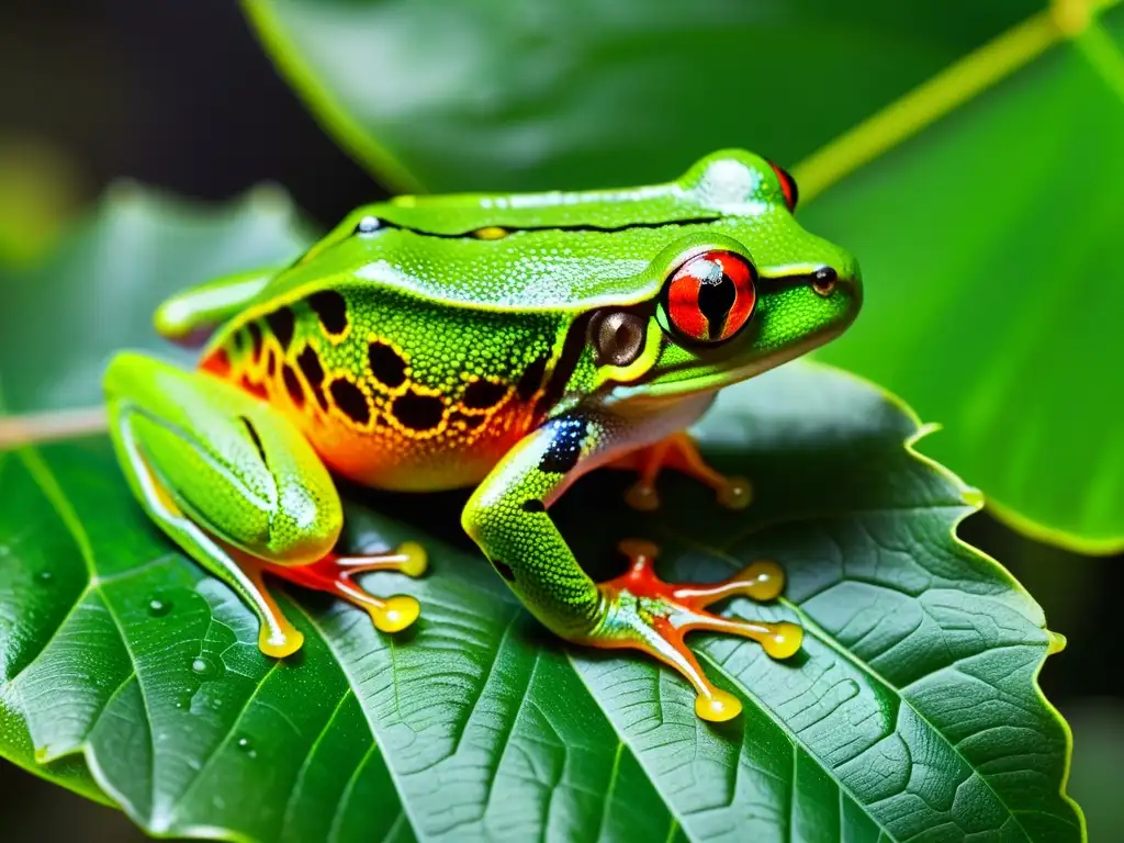 Una impresionante imagen detallada de una rana de ojos rojos en una hoja verde, destacando su piel translúcida y la red de vasos sanguíneos