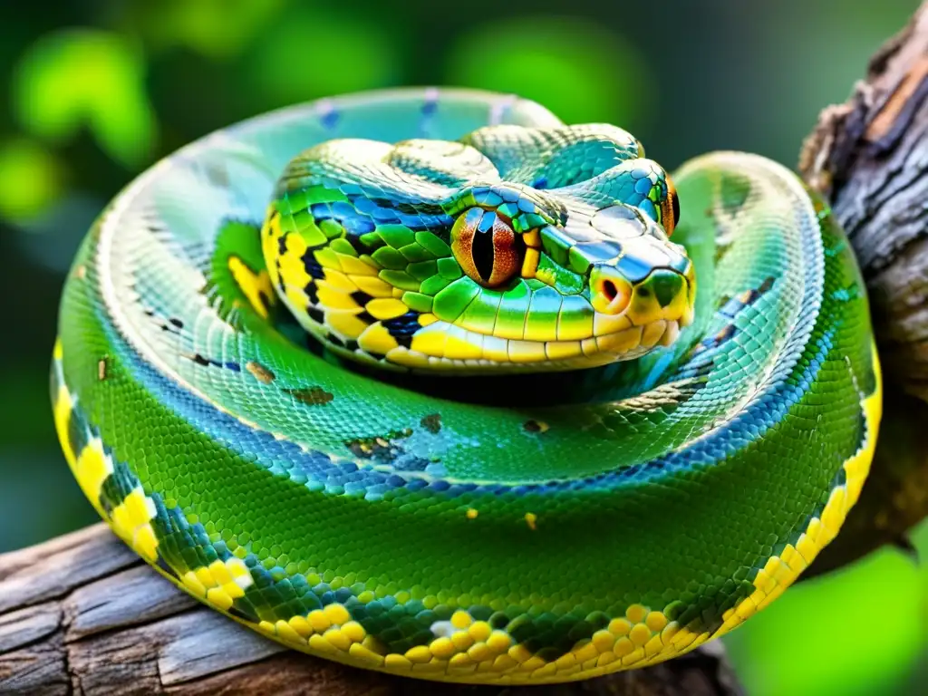 Una impresionante imagen detallada de una serpiente pitón verde enroscada alrededor de una rama, mostrando sus técnicas de camuflaje