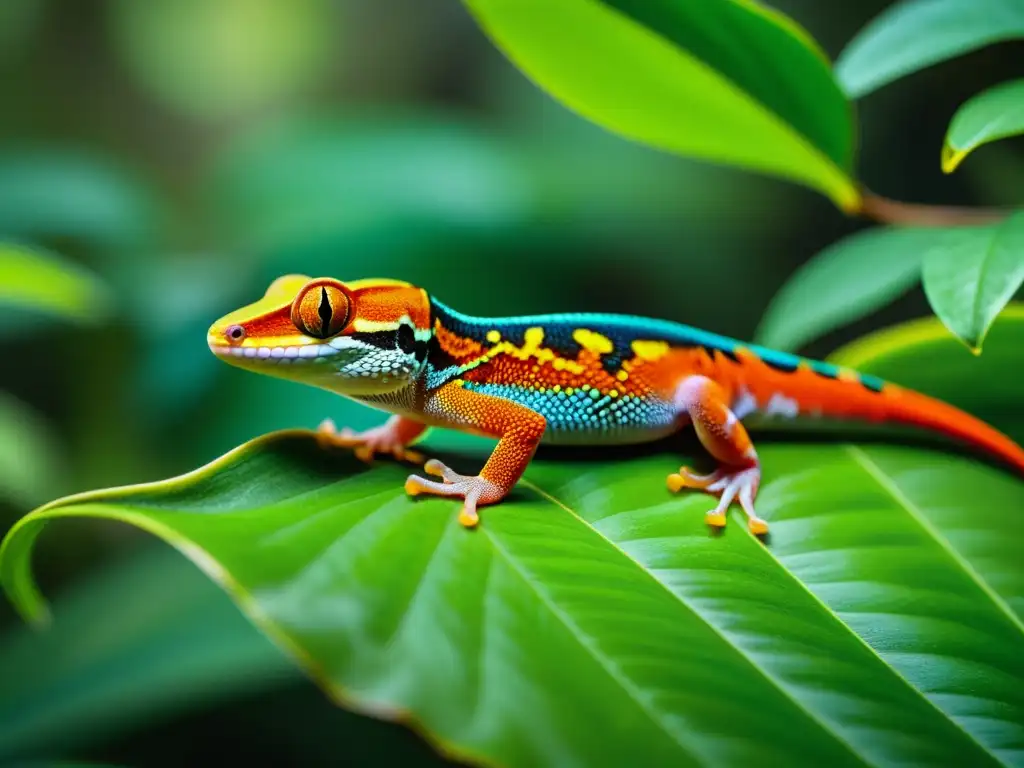 Una impresionante imagen en 8k de un exuberante y vibrante bosque lluvioso, con un gecko colorido en primer plano sobre una hoja