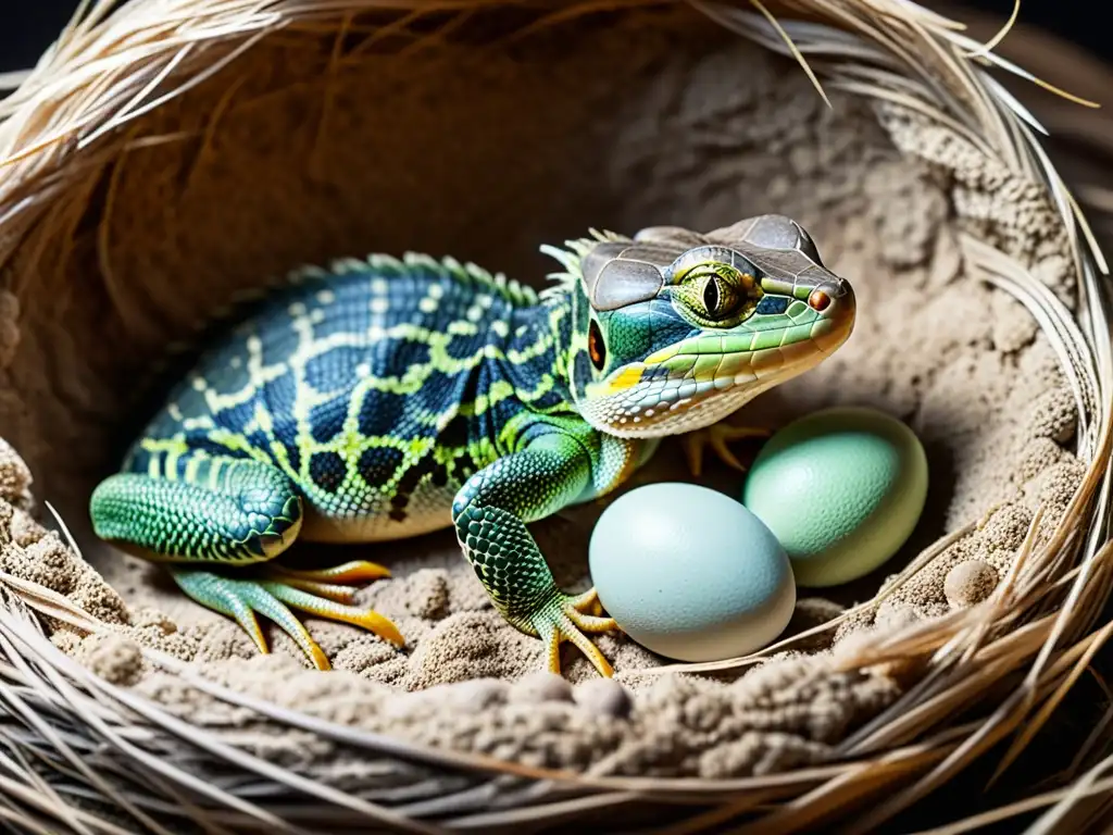 Una impresionante imagen de una hembra de reptil poniendo huevos en un nido, con detalles asombrosos de sus escamas y los huevos