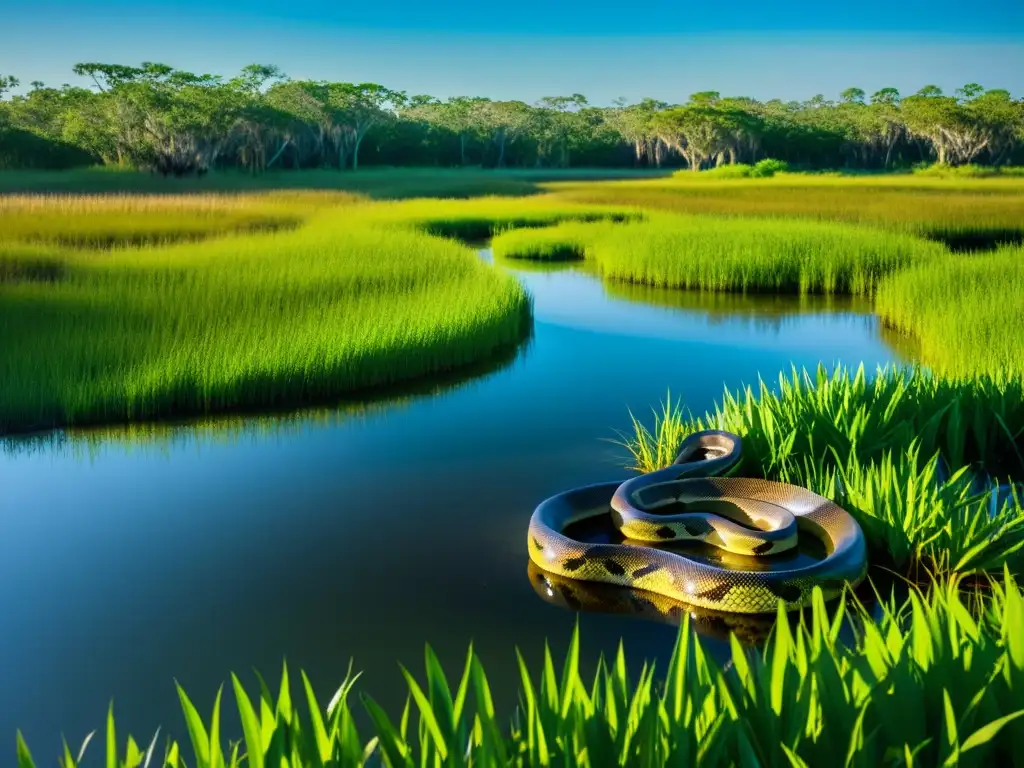 Impresionante imagen de humedal en Florida con pitón birmana camuflada entre la vegetación