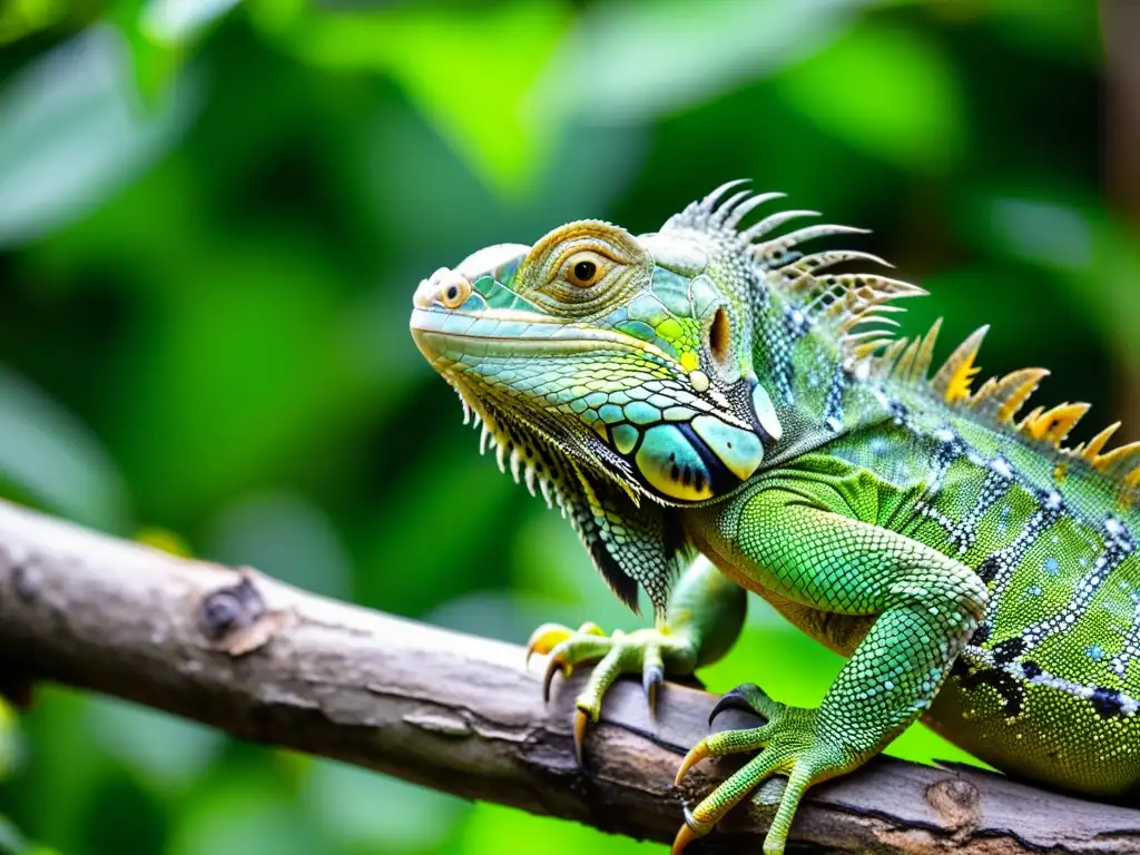 Una impresionante imagen de una iguana verde en su hábitat natural, resaltando la biodiversidad de los reptiles frente al cambio climático