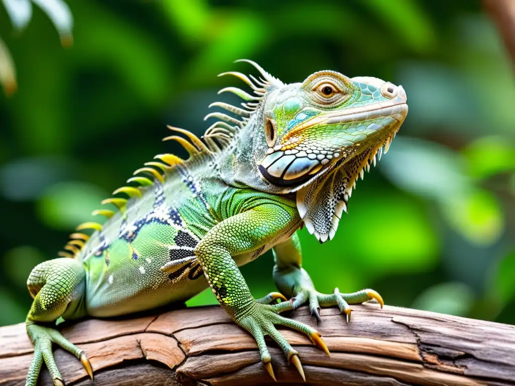 Una impresionante imagen de una iguana verde en su hábitat natural, detallando sus escamas vibrantes y patrones intrincados