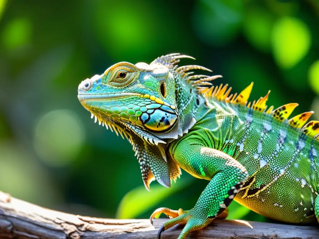 Una impresionante imagen de una iguana verde vibrante descansando en una rama, destacando la conservación de reptiles en casa con detalle asombroso