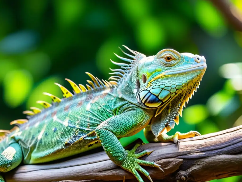 Una impresionante imagen de una iguana verde descansando en una rama en la exuberante selva tropical