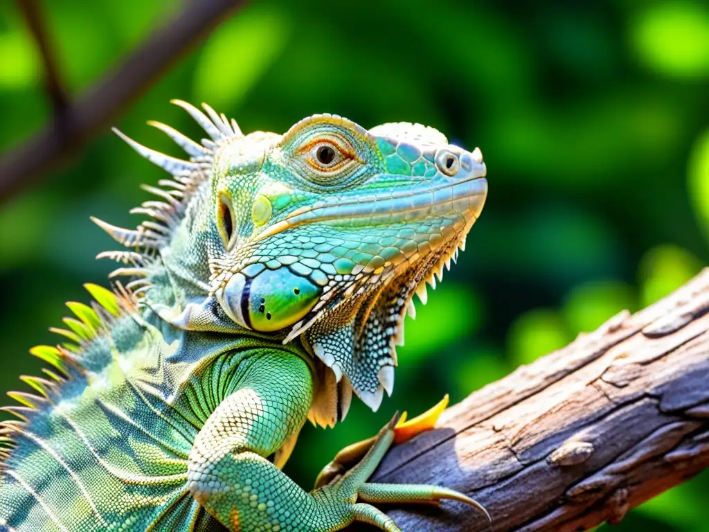 Una impresionante imagen de una iguana verde vibrante en su entorno tropical, mostrando la belleza de los reptiles exóticos en entornos urbanos