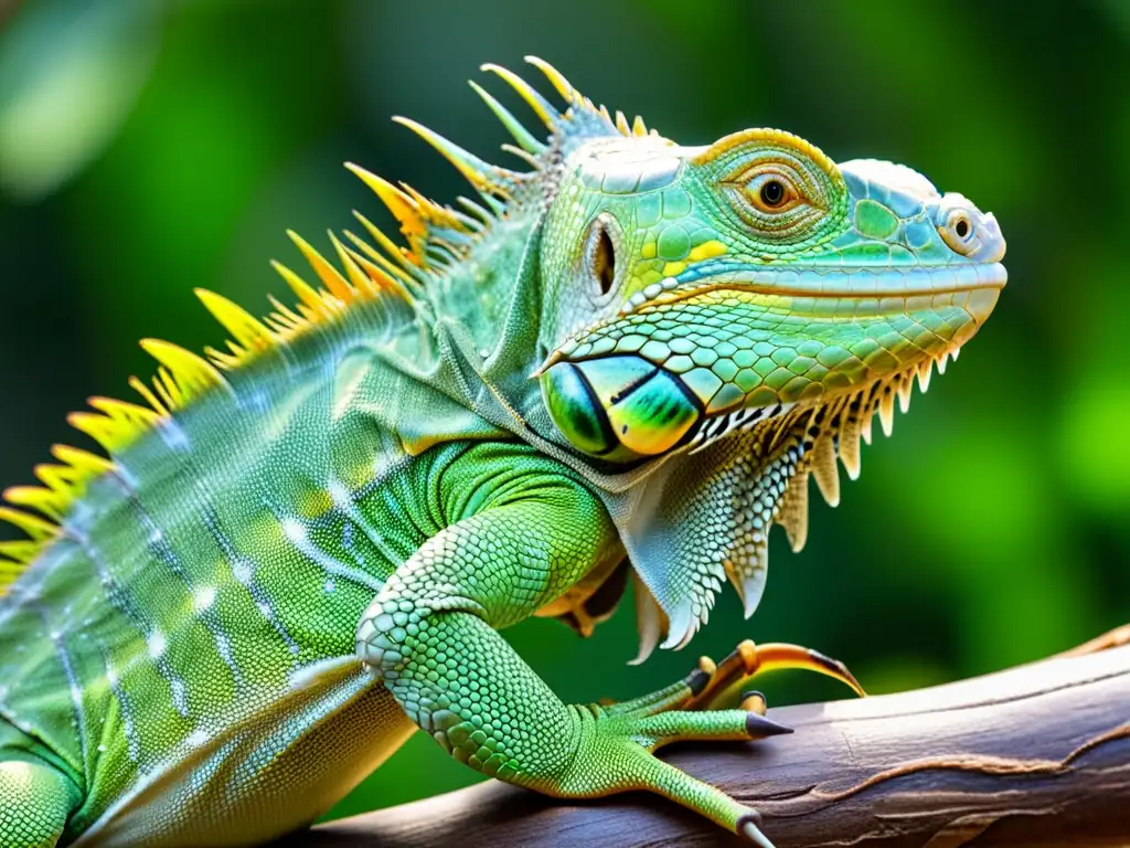 Una impresionante imagen de una iguana verde con una prótesis, destacando los detalles del implante y las escamas del reptil