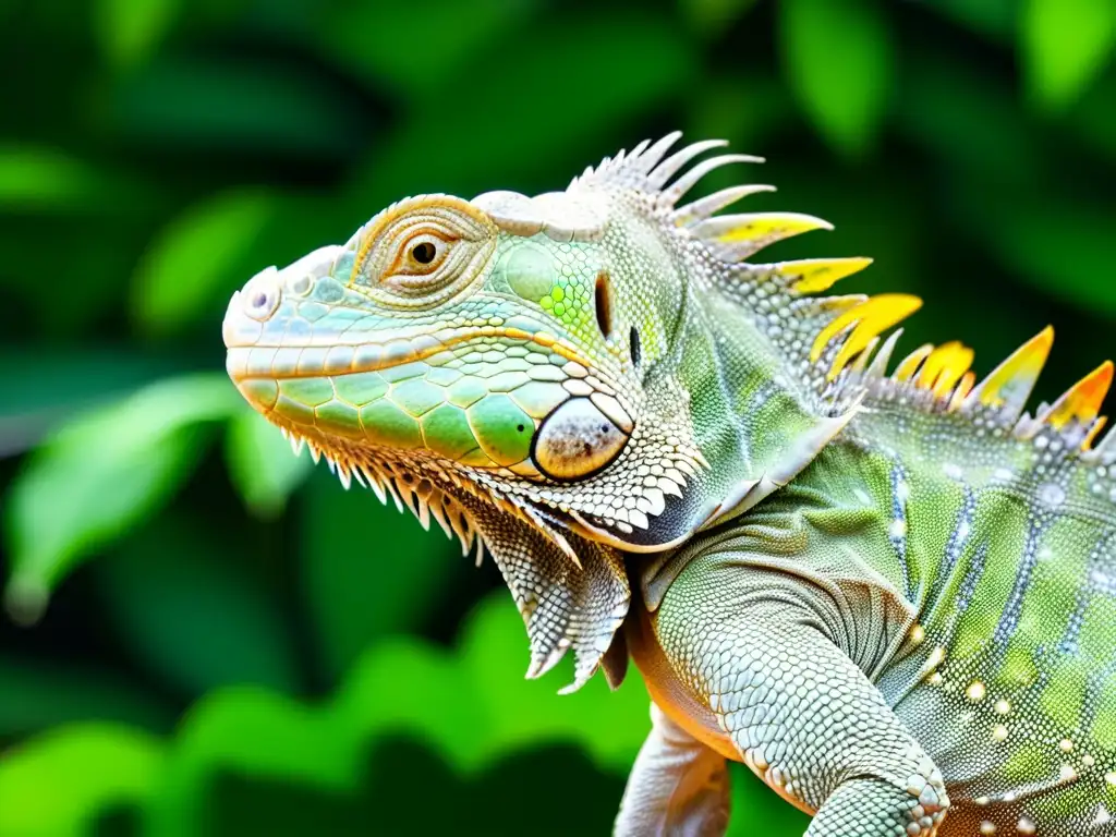 Iguana verde disfrutando de una colorida dieta vegetariana Una impresionante imagen de una iguana verde degustando vegetación vibrante con su intrincada lengua, resaltando su dieta herbívora