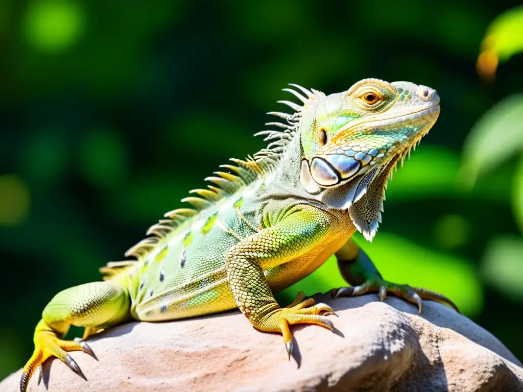 Una impresionante imagen en primer plano de una iguana verde vibrante, mostrando la importancia del ejercicio para prevenir la obesidad en reptiles