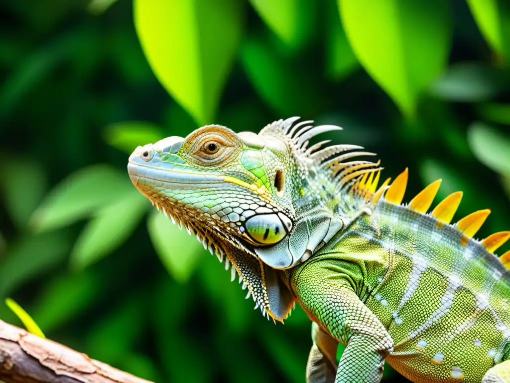 Una impresionante imagen en primer plano de una iguana verde camuflada entre las hojas vibrantes de la selva tropical