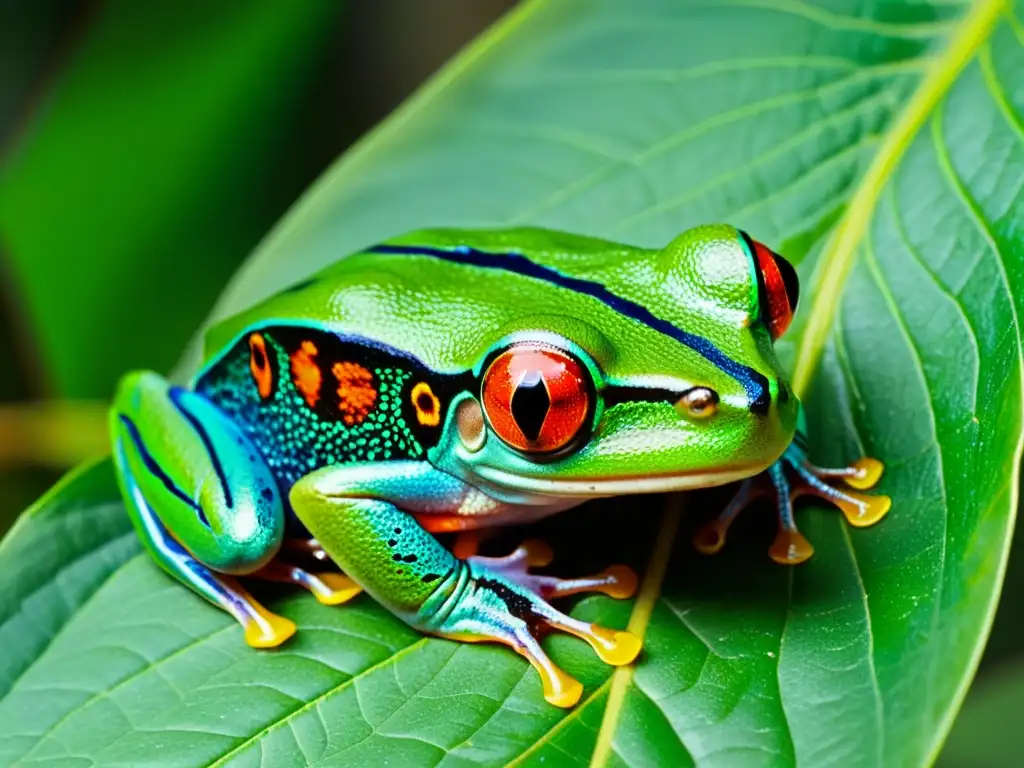 Una impresionante imagen de una rana arbórea de ojos rojos en una hoja verde exuberante