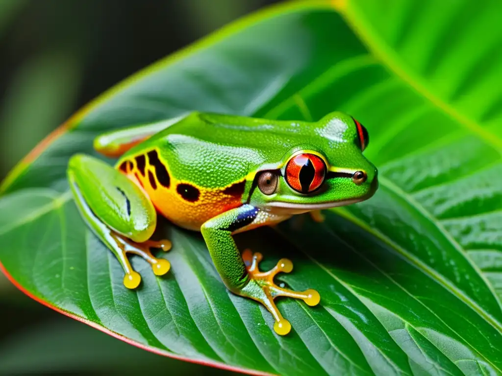 Rana de ojos rojos en su hábitat natural Una impresionante imagen de una rana de ojos rojos en su hábitat natural en la selva, mostrando la prevención de enfermedades fúngicas en anfibios