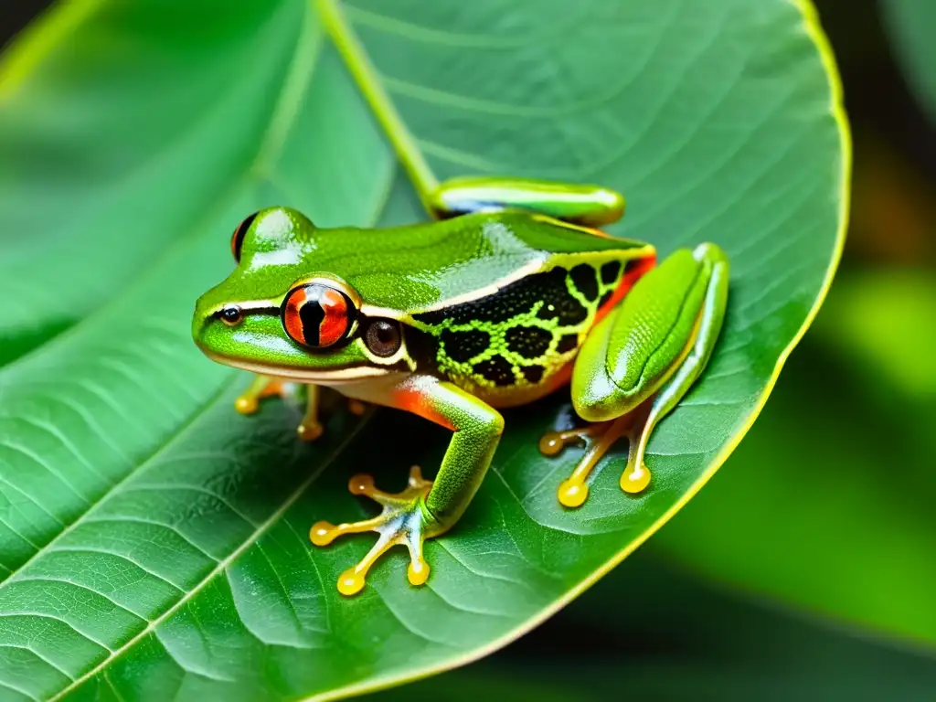 Una impresionante imagen de una rana arbórea de ojos rojos emitiendo sonidos sorprendentes de anfibios en la exuberante selva