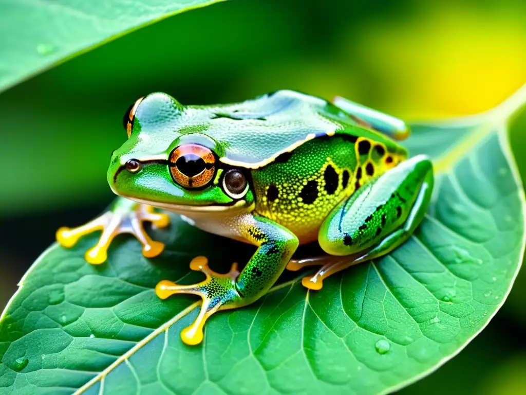 Una impresionante imagen de una rana arbórea verde en primer plano, revelando la delicada red de venas bajo su piel