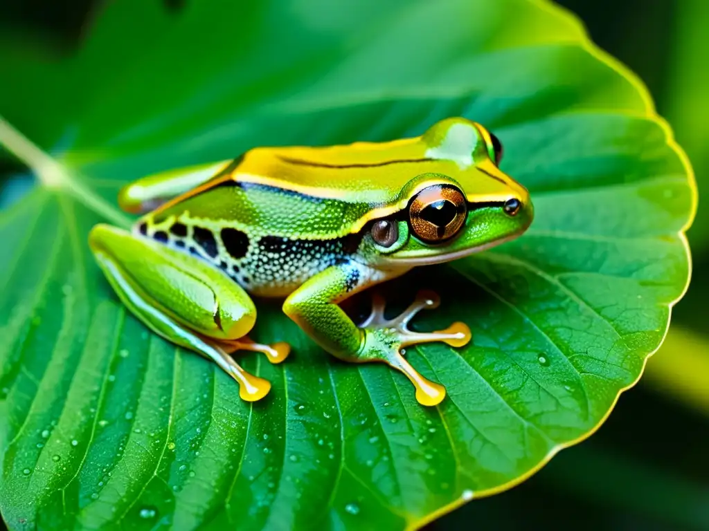 Una impresionante imagen de una rana arbórea verde vibrante aferrándose a una hoja, con piel translúcida y ojos dorados brillantes