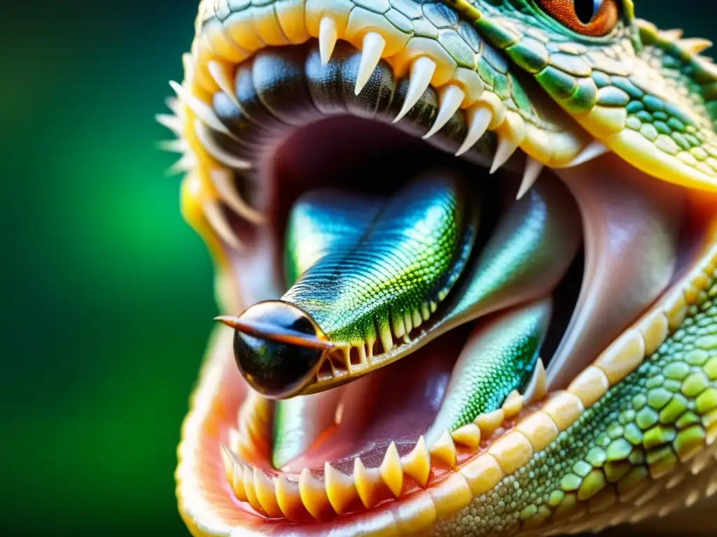 Una impresionante imagen de la alimentación viva de reptiles, con la lengua detallada capturando un insecto en un halo de saliva