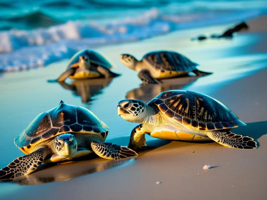 Una impresionante imagen de tortugas marinas anidando en una playa iluminada por la luna, resaltando la belleza natural y la vulnerabilidad de estas criaturas