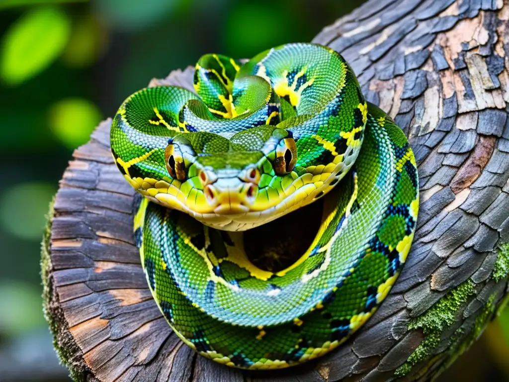 Una impresionante imagen de una pitón verde enredada en una rama, mostrando sus escamas intrincadas y coloración vibrante, demostrando la evolución de cripsis en reptiles