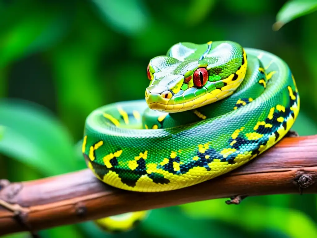 Una impresionante imagen de una pitón verde enredada en una rama, mostrando sus brillantes escamas y patrones